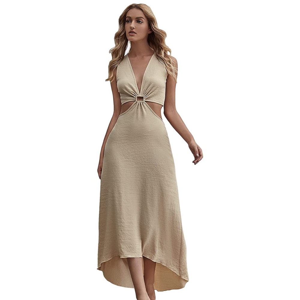 Beige cream tan boho buckle cut out waist deep v neck sleeveless maxi dress